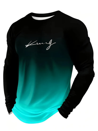 3pcs Men's Gradient King Print Long Sleeve T-Shirts - Soft Smooth Fabric Round Neck with King, Layering Basic Shirts Suitable for All Seasons, Machine Washable Daily Wear (No)