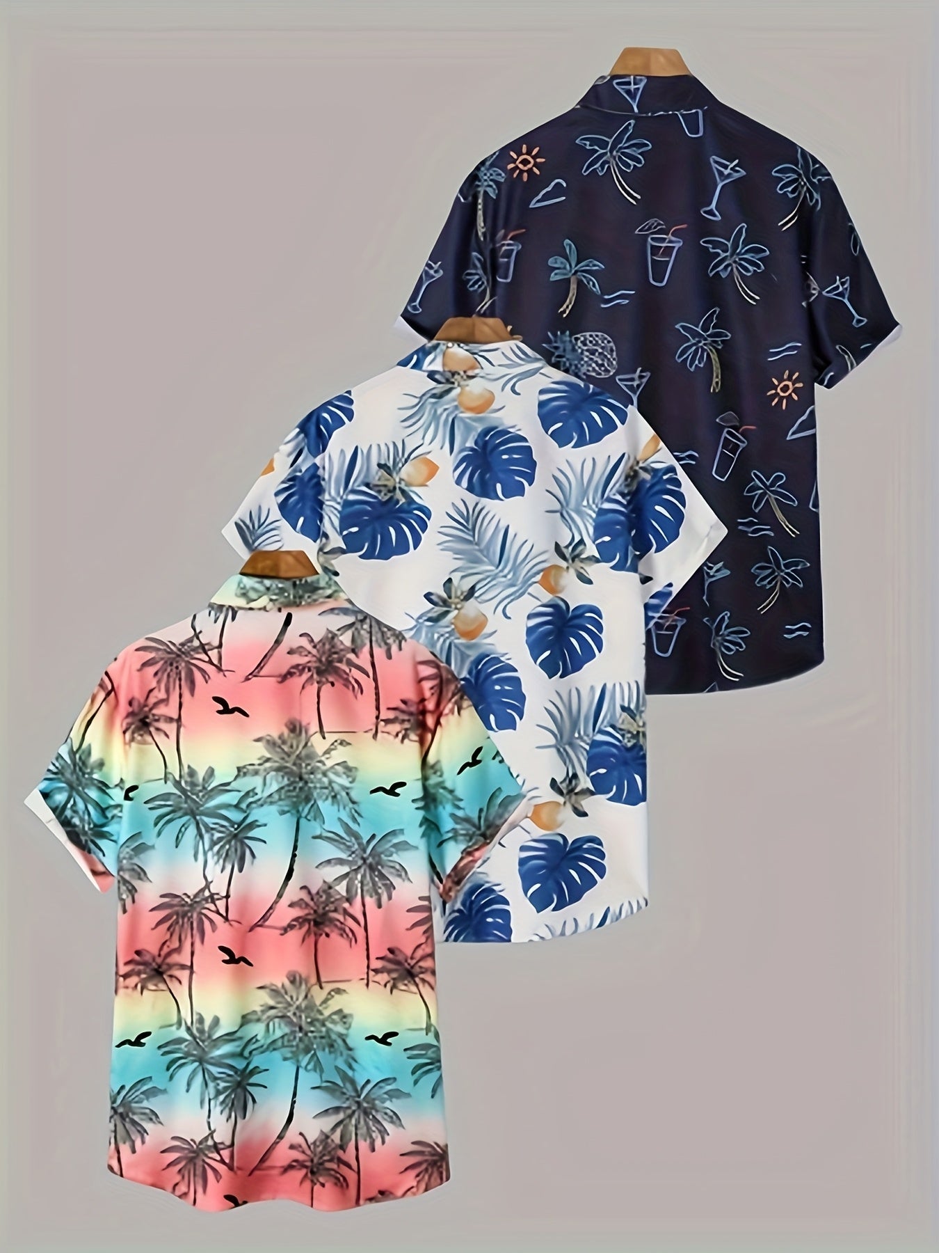 3pcs Men's Tropical Floral & Palm Tree Print Short Sleeve Shirts - Casual, Comfortable Summer Button-Up Dress Shirts in Black, White, & Beige - Perfect Gift for Him
