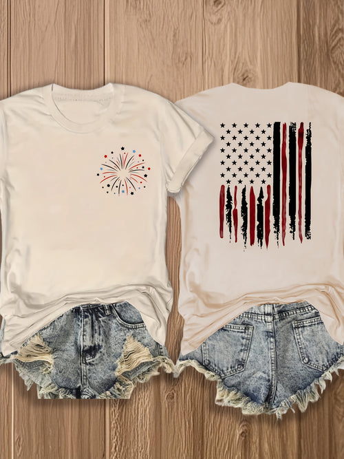 Patriotic Fireworks And Flag Print -blend T-shirt with Double-sided Design for 4th Of July Celebrations - Festive, Casual, And Stylish Graphic Tee for Women | Trendy Independence Day Apparel | -blend T-shirt with Double-sided Print
