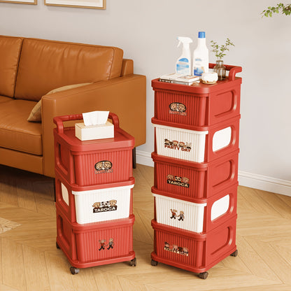 Large-Capacity Plastic Storage Cabinet with 2/3/4/5 Layers 鈥?Red & White Multi-Layer Drawer Organizer with Wheels, Easy to Assemble, Portable Stackable Storage Unit for Bedroom, Bathroom & Living Room, Foldable Home Organizer, Space-Saving Plastic