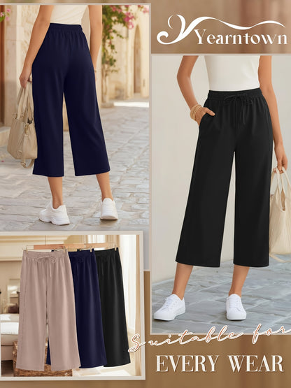 Plus Size, 3pcs Plus Size Women's Capri Pants, Wide Leg Basic Sweatpants Lounge Loose Fit Casual Drawstring Capris with Pockets