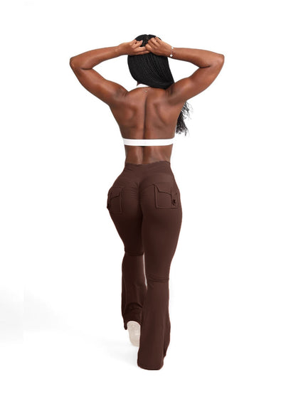 FOEIERAA 1pc Fashion Workwear Style Flare Pants, Women's Casual Flare Pants, High-Waist Pocket Joggers, Workwear Style Peach Butt Yoga Pants, Quick-Dry Tummy Control Butt Lifting Sexy Long Pants, Flare Leggings