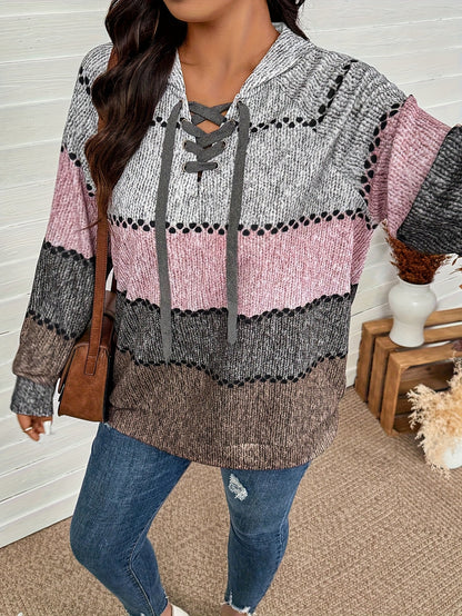 Plus Size, Plus Size Women's Oversized Hooded Sweater Sweatsuit - Thick Winter Warm Full-Zip Jacket-like Pullover with V-Neck Collar, Pink/Gray/Black/Beige Houndstooth Print, Machine Washable Cozy Sweater Jacket
