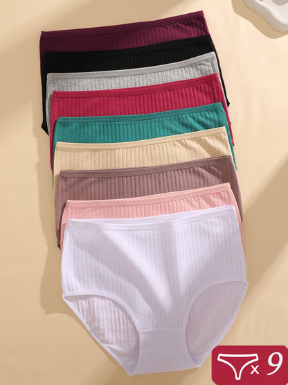 9-Pack Women'S Ribbed Underwear, Soft Breathable Mid-Rise Briefs, All-Day Comfort