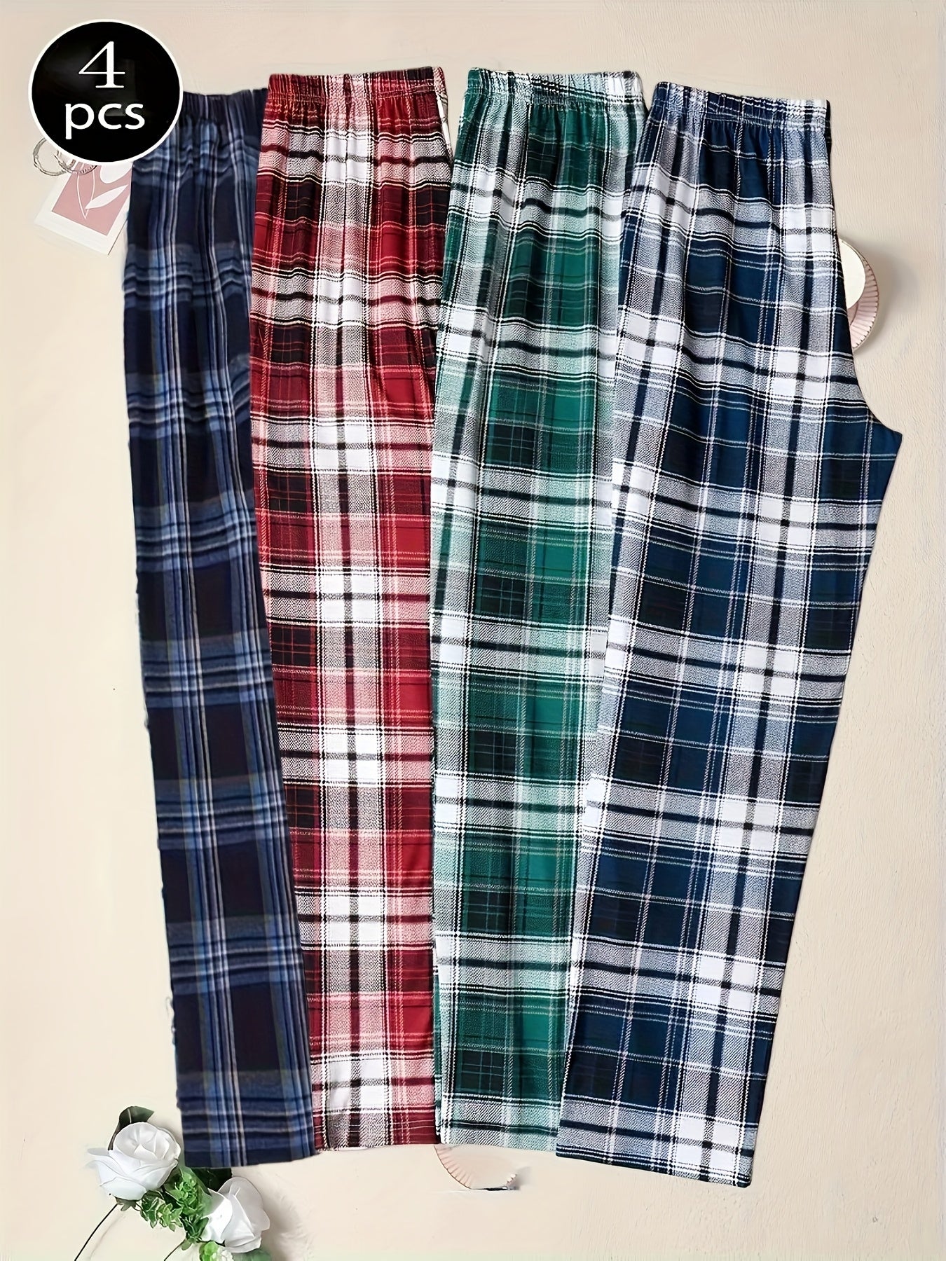 4pcs Set of Spring And Summer Men'S New 4pcs Plaid Pants, Spring And Autumn Loose And Suitable for Outdoor Wear, 4pcs Combination Set of Home Pants