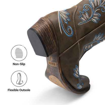 DREAM PAIRS Women's Cowboy Cowgirl Western Mid Calf Boots Square Toe Embroidered Stitched Pull On Country Boots with Low Chunky Heel
