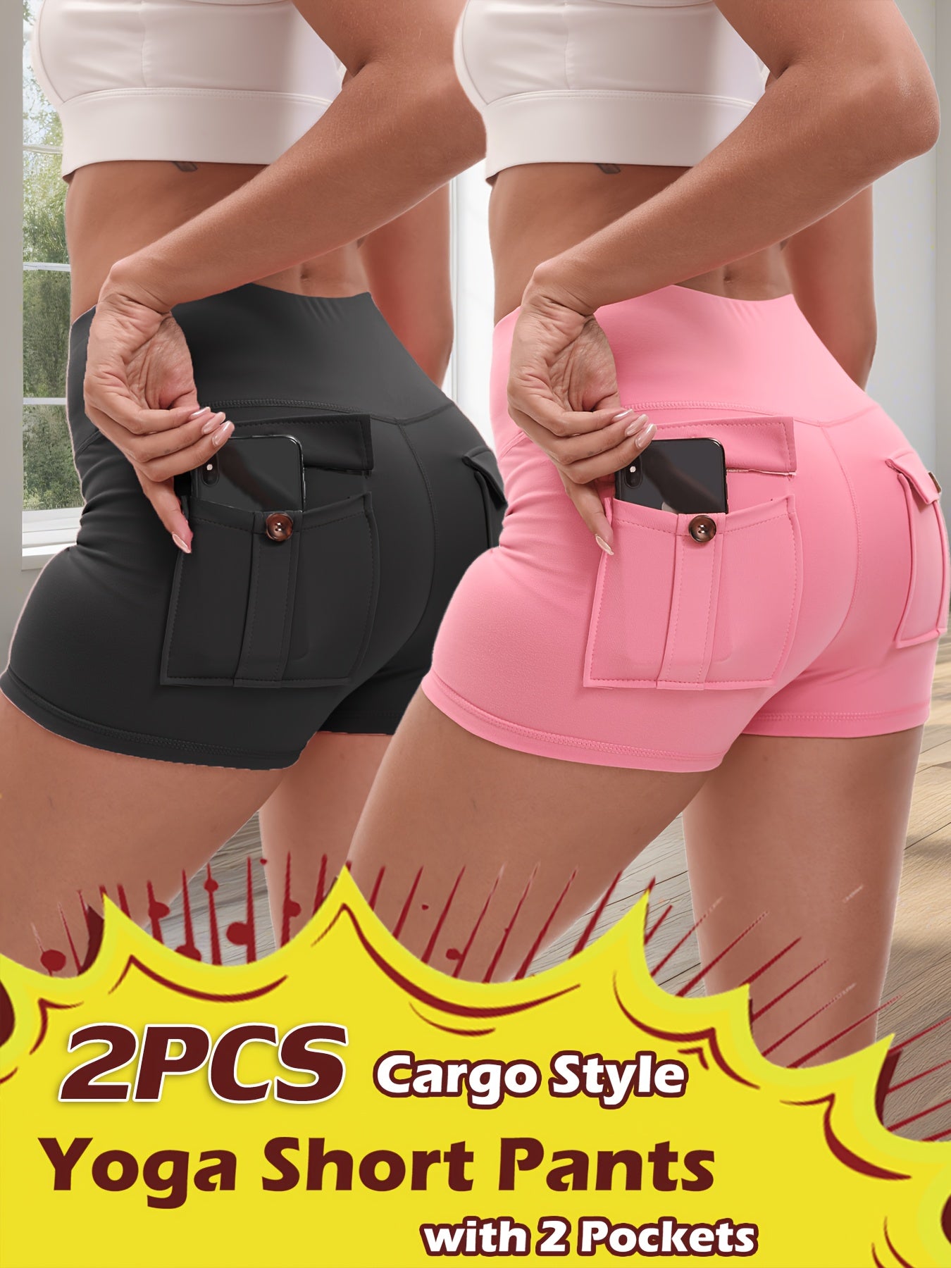 2pcs High Stretch Elastic Waist Cargo Shorts - Women's Shaping, Hip Lifting, Quick-Drying Fitness Pants with 2 Pockets, Solid Color Short Pants Set, Track Shorts Set