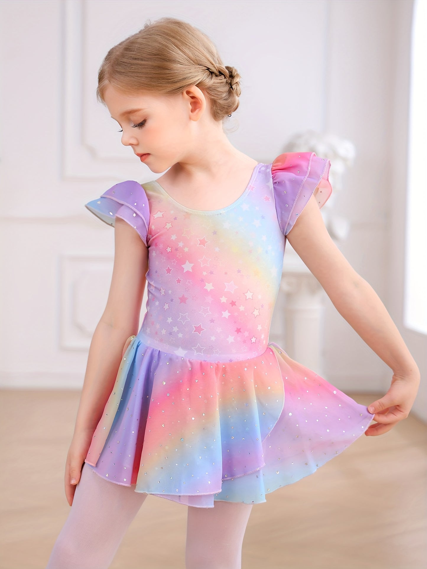 Christmas Girl's Dress; Dress; Dance Dress; One-piece Training Suit; Summer Rainbow Gradient Dress; Mesh Dress; Sweet Petal Sleeves; One-piece Dress; Children's Ballet Leotard; Back Bow.