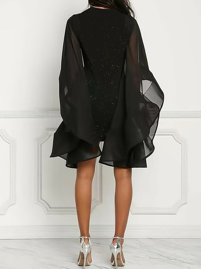 A-Line Dress with Solid Color Sequins, Stylish Mesh Sleeves for Spring And Summer, Women'S Apparel