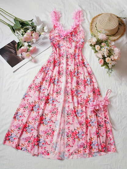Women's Romantic Lace Floral Mesh Petticoat Pajamas Set, Equipped with Thong, Flower Embroidered Suspender Pajamas and Transparent Underwear with Front Slit, Suitable for Valentine's Day, Date Night and Special Gifts.