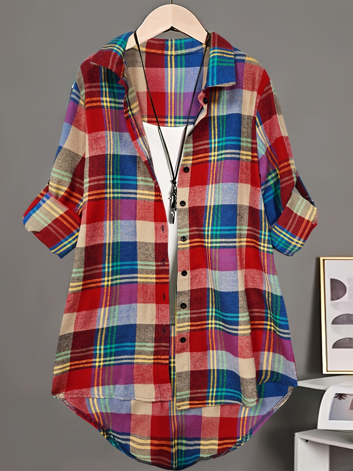 [Plaid Long Sleeve Shirt] For Plus Size - For Plus Size - Autumn And Winter Plaid Long Sleeve Button Up Casual Shirt - Plaid Print, Button Up Design, Pockets, Thin And Thick - A Versatile Shirt For Plus Size Ladies For Life And Work
