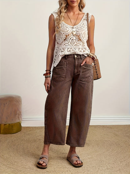 Women's High-Waisted Wide-Leg Jeans Pants - European/American Style Loose-Fit Denim Banana Pants with Washed Leg for all-Season Wear, Casual Elegant Outfits (Matching tops & Outerwear) - Non-Stretch Machine Washable Solid Color Jeans Clothing