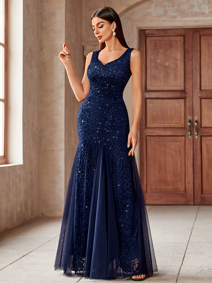 23218 Elegant Women's Sequin Lace Long Evening Bridesmaid Dress, Sweetheart Neckline Sleeveless Design with Slit Tulle Mermaid Hem, Perfect for Formal Wedding Party