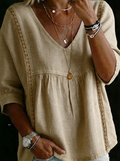 Women'S V-neck Loose-fit Top With Lace Panels; Elegant Design, Three-quarter-length Puff Sleeves, Lace Cut-out Detailing At The Sides, Figure-flattering Cut That Conceals The Tummy; Perfect For Bohemian-inspired Office Wear