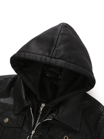 Women's Hooded PU Leather Jacket, Classic Slim-Fit Biker Style with Detachable Hood, Full-Zip PU Leather Coat with Multiple Pockets, Warm Windproof Outerwear for Spring, Fall & Winter Casual & Daily Outfits