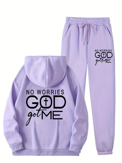 Women's Summer Sports Suit, Women's Gym Sportswear [Fashion Hoodie Set] Fashion No Worries GOD Got Me Printed Hoodie And Sweatpants Set for Women, Kangaroo Pocket Outfit
