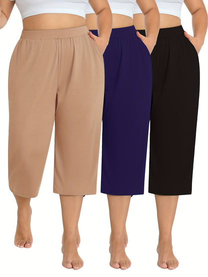 3 Pack Women's Plus Size Capri Pants - Summer Yoga Pants with Pockets | Ultra Soft Wide Leg Lounge Pants for Casual Outfits & Street Style | Breathable Stretchy Athleisure Sweatpants