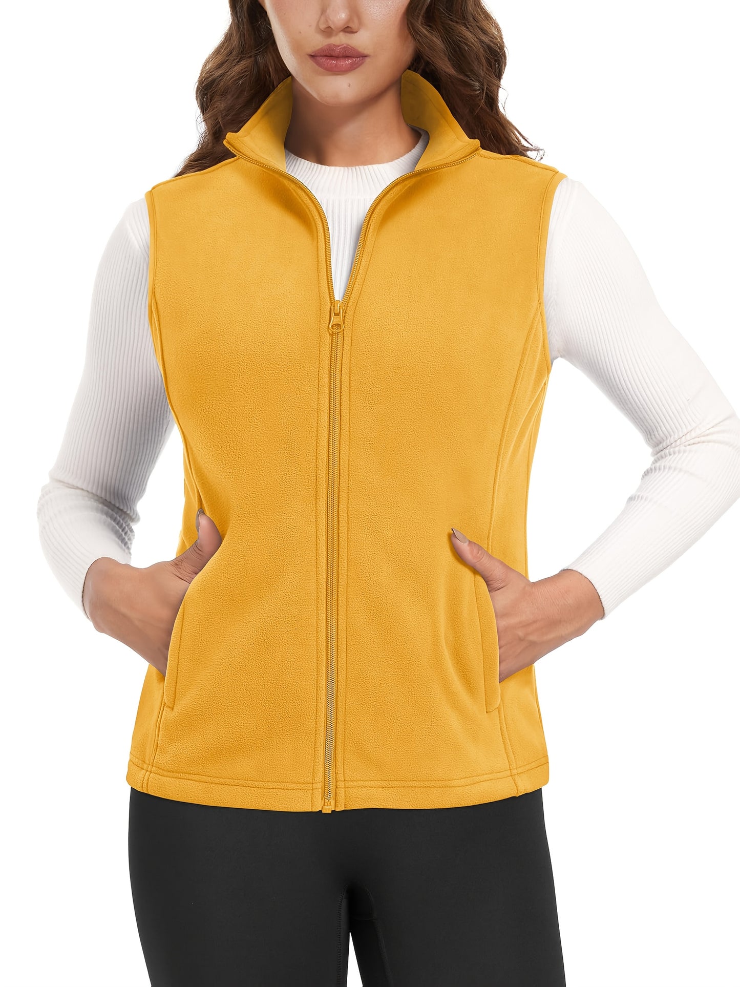 Women'S Fleece Zip Vest Lightweight Warm Sleeveless Jacket Stand Up Collar Windproof Soft Outerwear Vest with 4 Pockets Elastic Armholes for Camping Riding Office Outdoor Party Spring Fall Winter