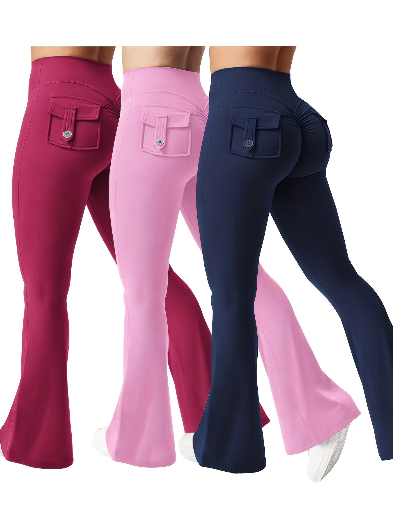 2025 New 3pcs Black Gray Green Trendy Work Attire Bell Bottom Trousers, Women'S Casual Flared Pants, High Waisted Pocket Activewear, Work Style Peach Hip Trousers, Quick Drying Belly Lifting Sports Pants with Flared Bottoms