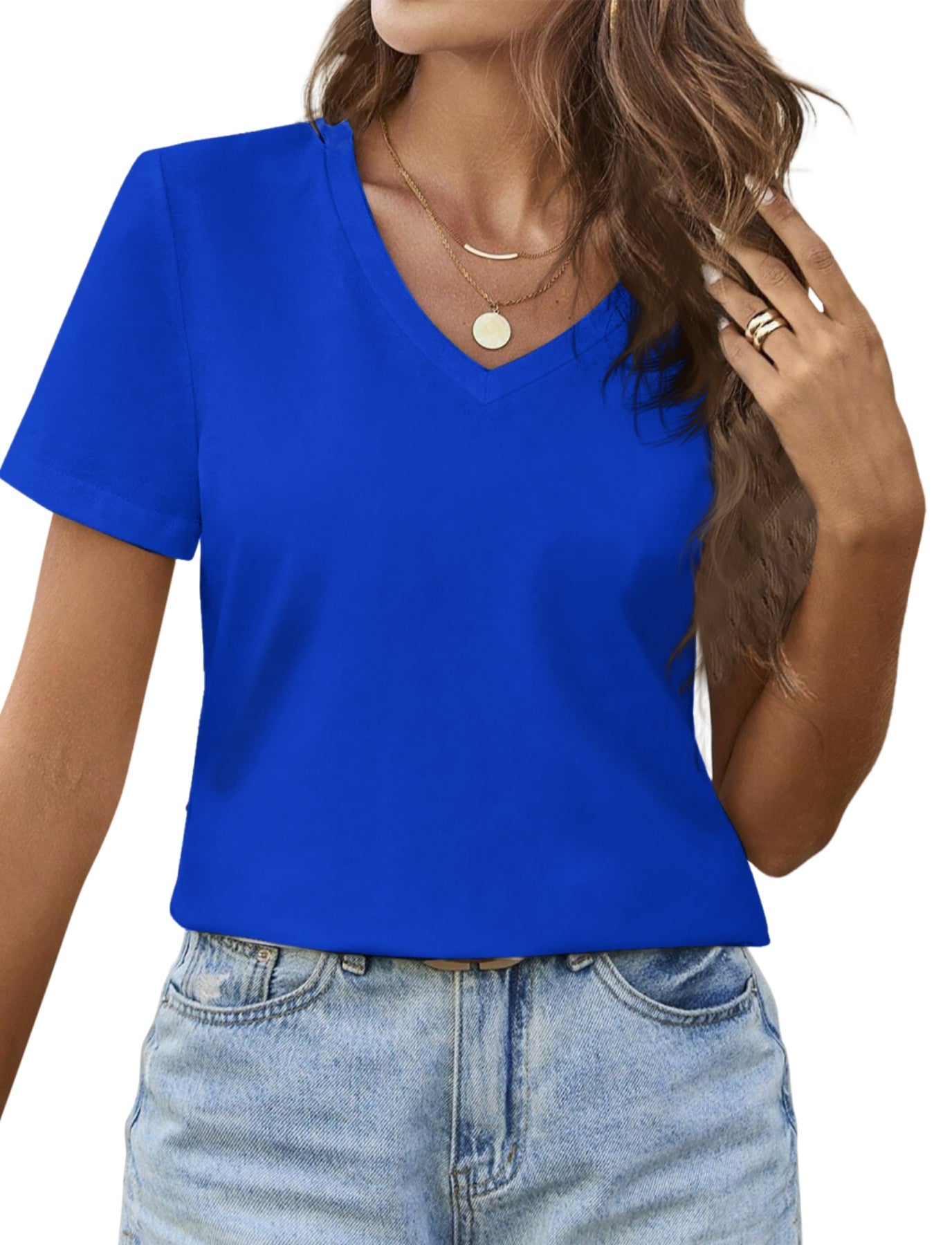 Women'S Elegant Vneck Short-Sleeved T-Shirt | Featuring Flag Print, Soft Stretchy Fabric, Machine Washable, Ideal For Spring/Summer Casual Wear