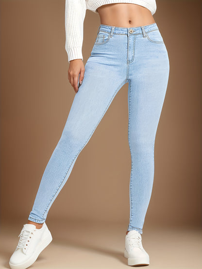 High-Rise Slim Fit Blue Jeans - Stretchy Denim, Slant Pockets, Comfortable High-Stretch Fabric, Womens Fashionable Denim Pants for Casual Attire - Premium Quality, Soft Touch, And Stylish Design
