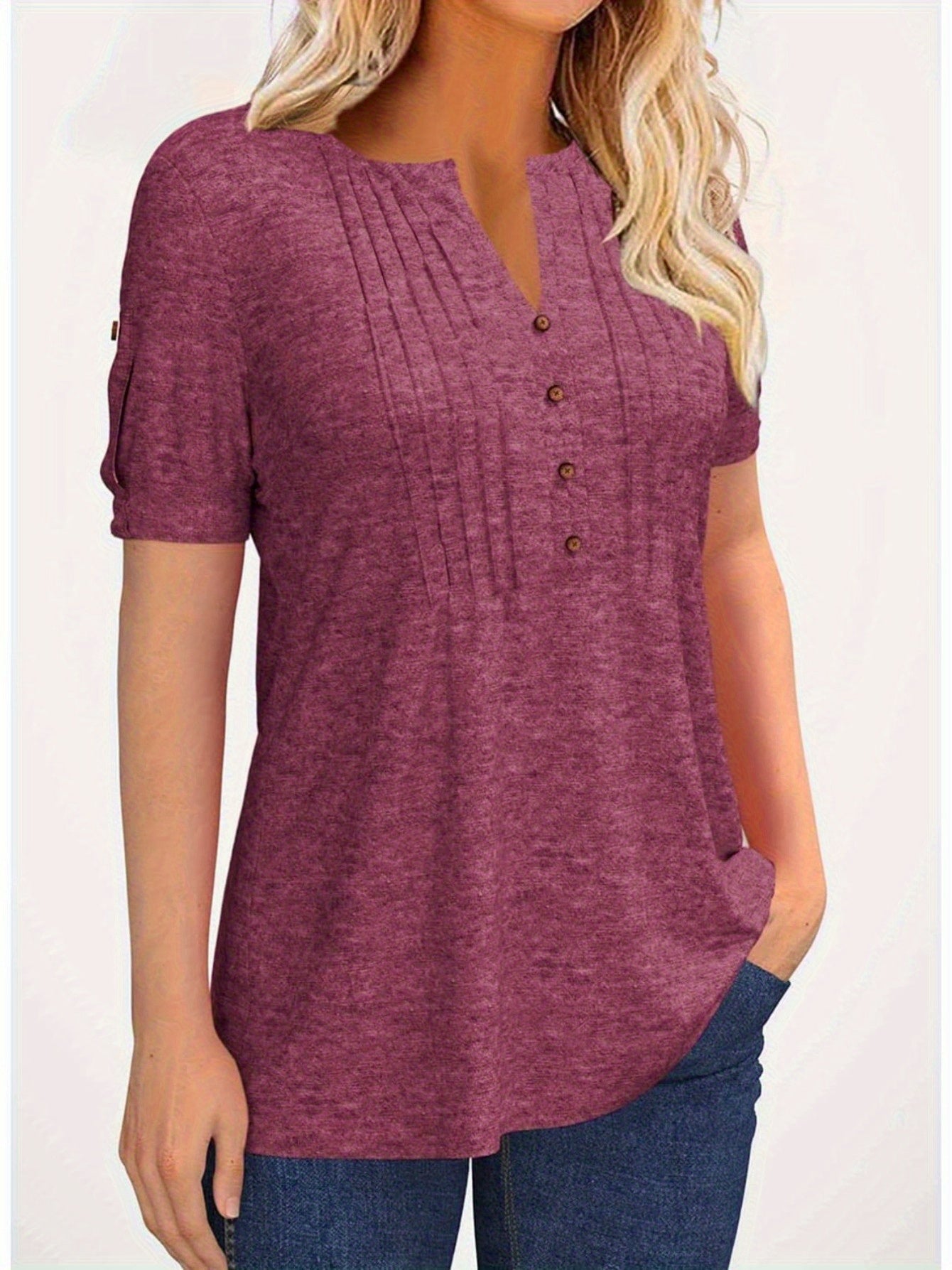 Casual Short-Sleeve Blouse for Women with a Solid Color, Featuring a Pleated Design, Buttoned V-Neck, And a Zipper