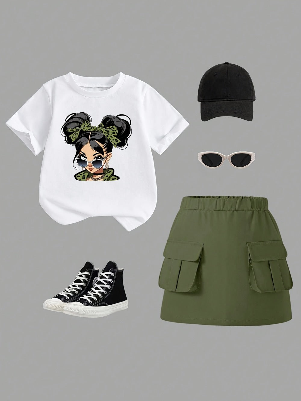 Girls' Cartoon Outfit Set - Short Sleeve Summer
