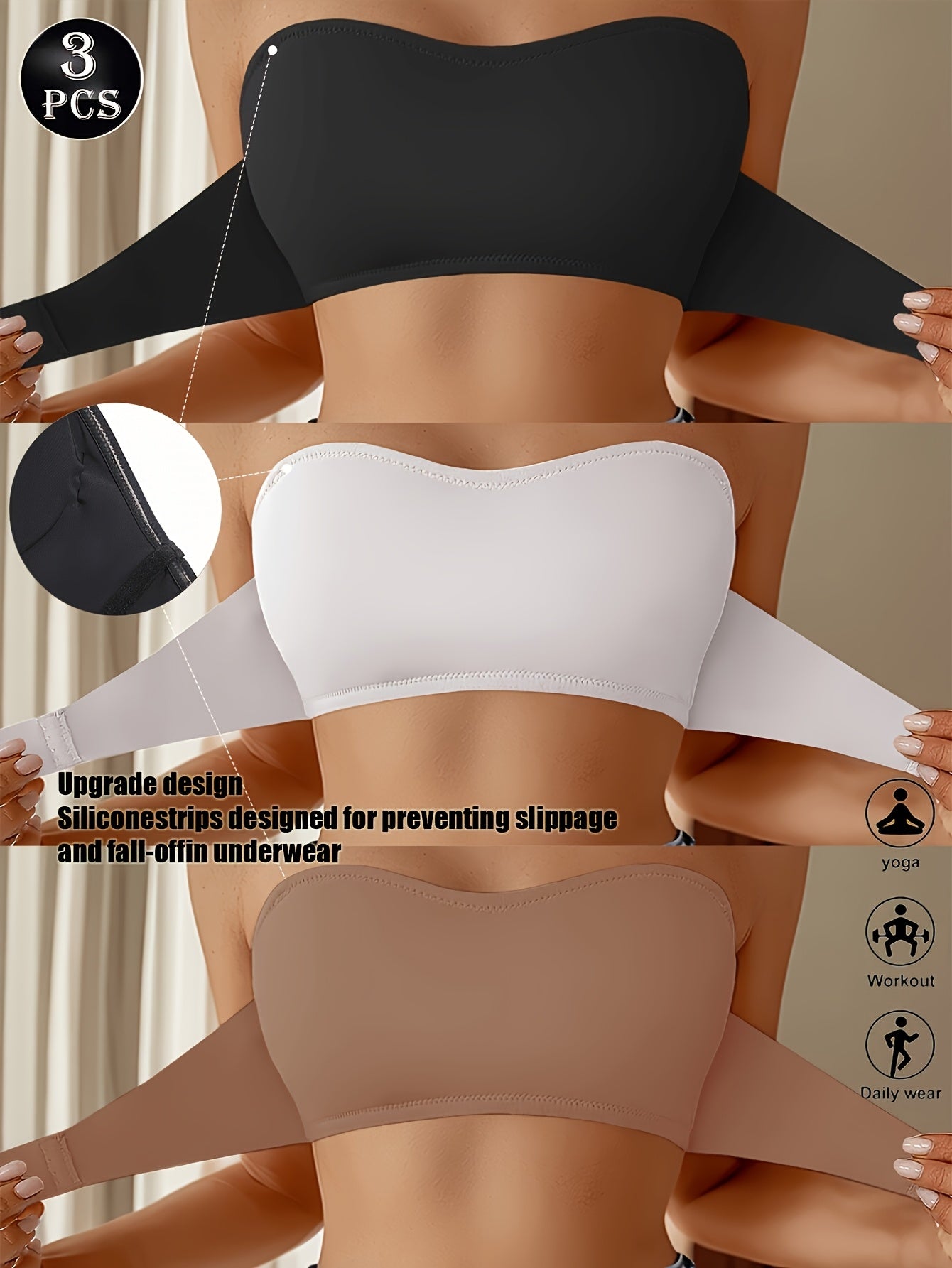 A Set of Three Detachable Padded Bras Without Underwire, Featuring a Strapless Design Made from Soft And Breathable Nylon Material, Perfect for Pairing with Summer Off-Shoulder Outfits, Showcasing Elegance