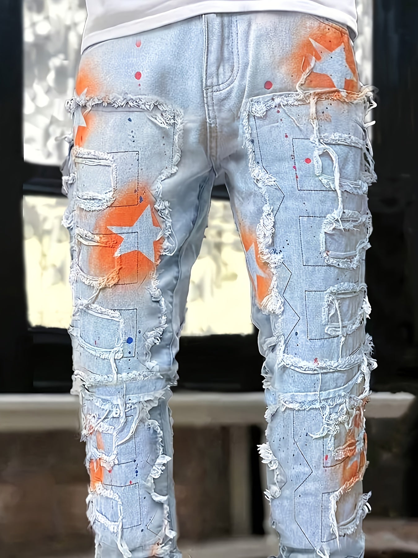 Men'S Star Print Fashion Layered Tassel Jeans