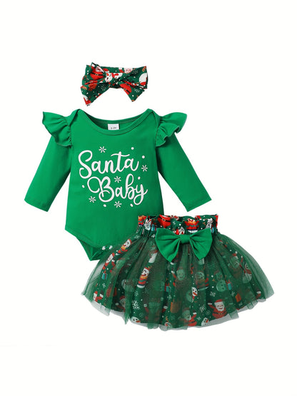 MINKIDFASHION Baby Girls Green Christmas Mesh Dress New Born Santa Baby Romper And Skirt Outfit, for Outdoor