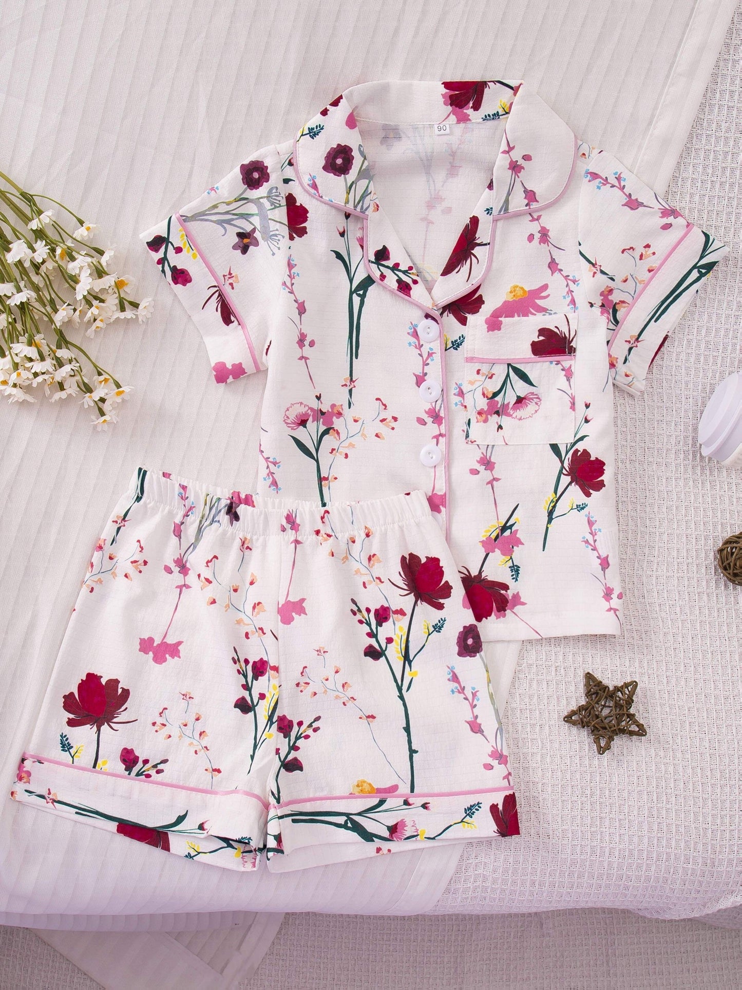 Random 1 Set Delivery! Girls' Collared Short-Sleeve And Shorts Pajama Set, Bows, Red Flowers, Pink Bows, Floral Prints. Elastic-Waist Loungewear, Bubble-Wrinkle Flame-Retardant Fabric, Comfortable And Skin-Friendly