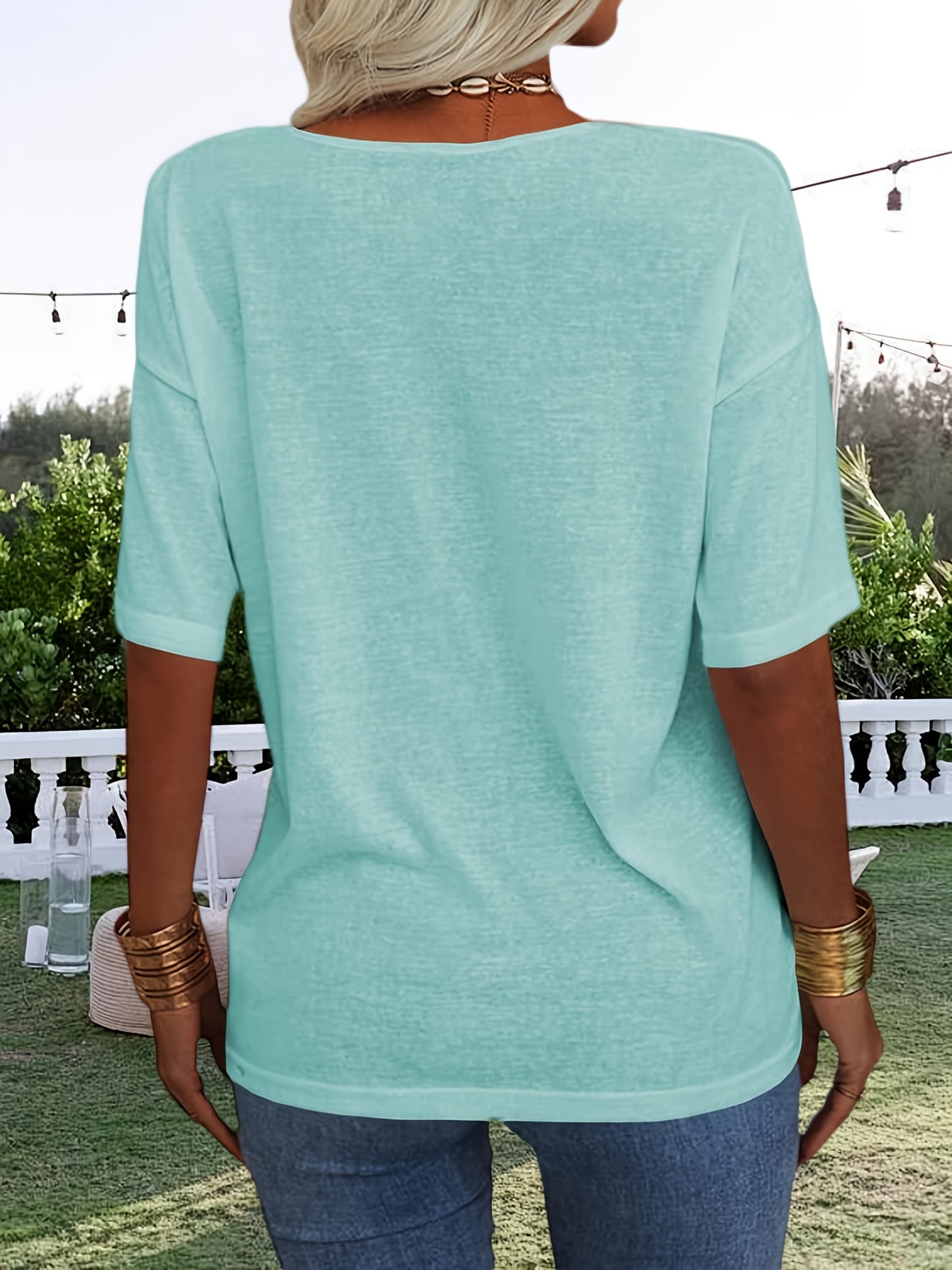Women Fashion V-neck Half Sleeve T-shirt, Solid Color Casual Loose Basic Top