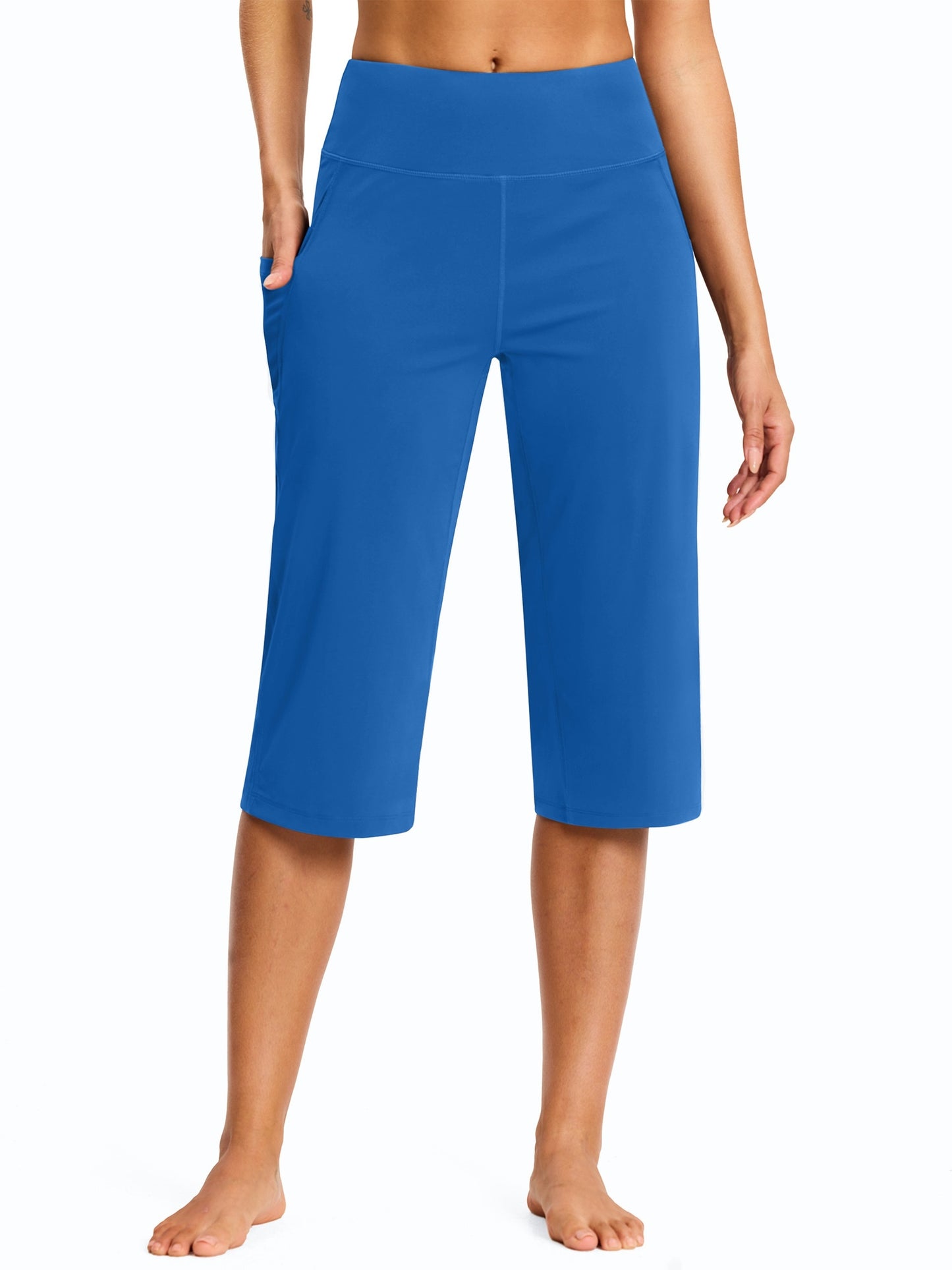 18-Inch Capri Trousers for Women Featuring a High Waist, Pockets, Tummy Control, And a Loose Straight Leg Design Suitable for Workouts And