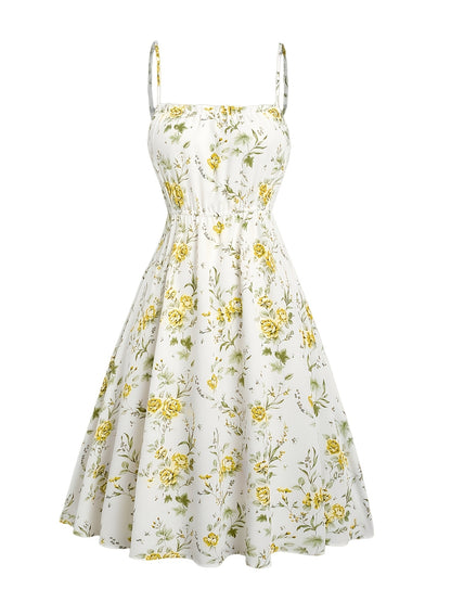 Floral Print Waisted Sleeveless Cami Dress And Solid Lace Up Short Sleeve Crop Top Set