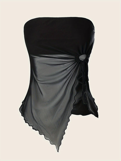 Popular Women's Solid Color Side Drawstring Asymmetric Hem Top 2-piece Set