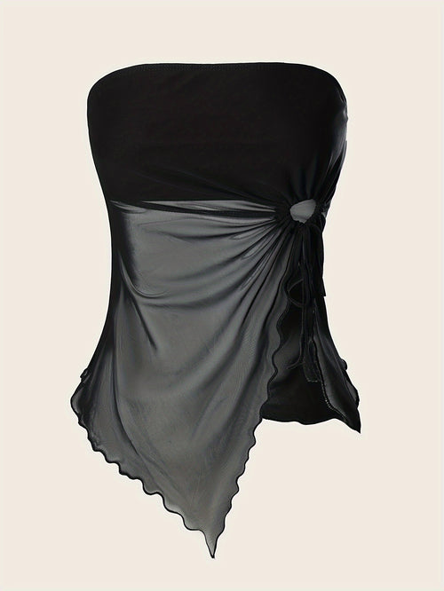 Popular Women's Solid Color Side Drawstring Asymmetric Hem Top 2-piece Set