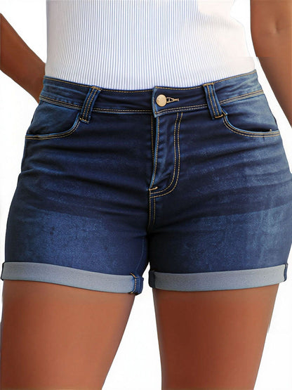 Classic Women'S Denim Shorts in a Vintage Mid-Blue Shade, Featuring Rolled Hems And an Exceptionally Comfortable Fit - a Casual Summer Fashion Trend