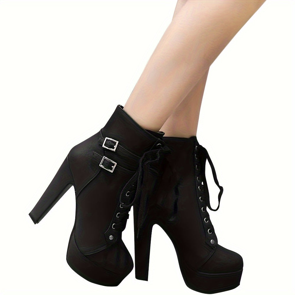 High Heel Boots for Women, Womens Platform Boot Heels Sexy Round Toe Lace UP High Heels Mid Calf Boots, Women Shoes