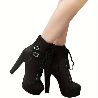 High Heel Boots for Women, Womens Platform Boot Heels Sexy Round Toe Lace UP High Heels Mid Calf Boots, Women Shoes