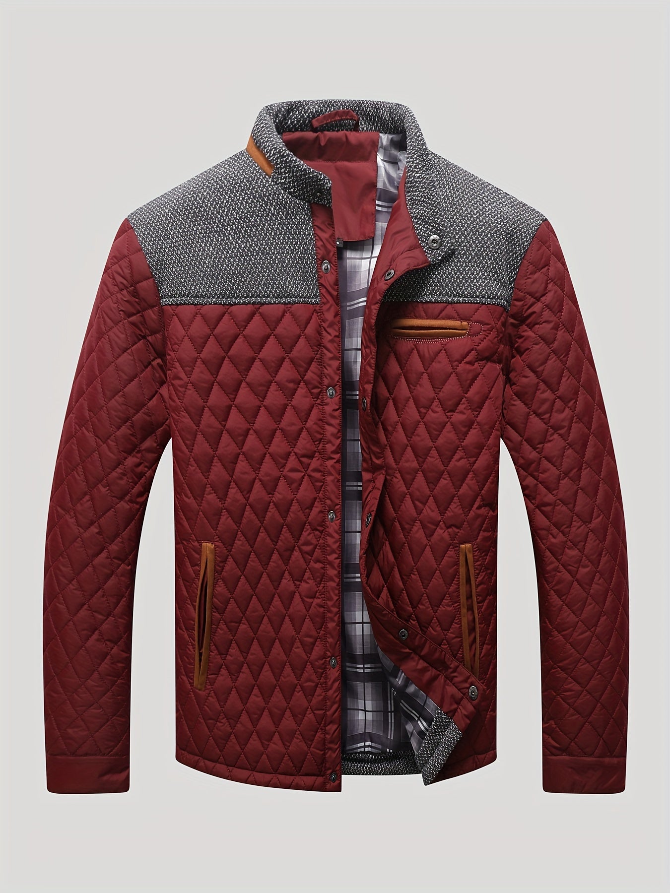 Men's Casual Stand Collar Plaid Side Seam Pocket Patchwork Jacket