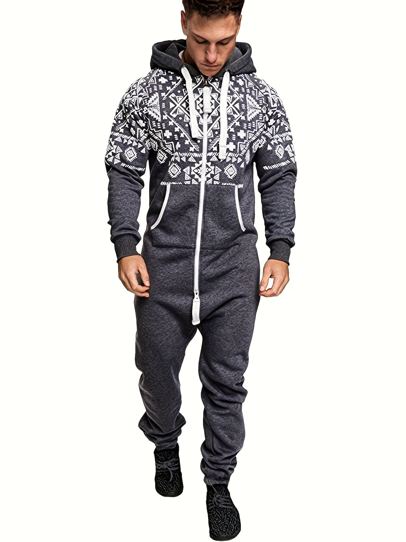Lkwxsai Men'S Hooded Fleece Lining Jumpsuit, Long Sleeve Full Zipper Overalls with Kangaroo Pockets