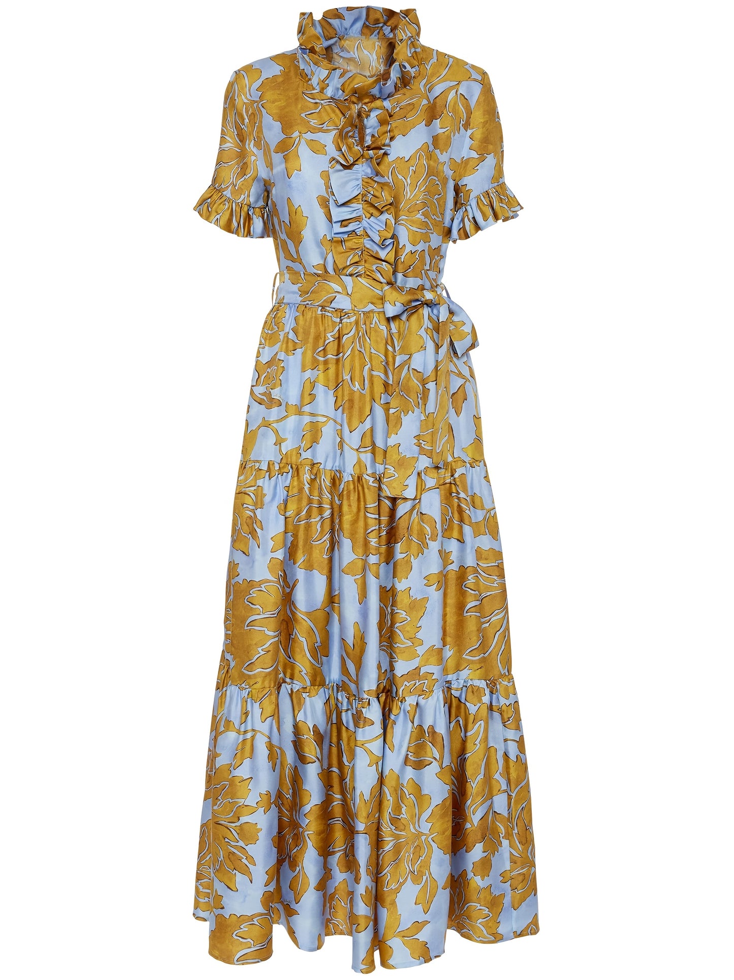 Maxi Dress with a Blue And Yellow Floral Pattern, Featuring Short Sleeves, a Tie Layer, Made from Imitation Tencel Fabric, Adorned with Chest Ruffles, a V-Neck, a Belt, Two Side Pockets, a Tiered Skirt, And a Straight Hem