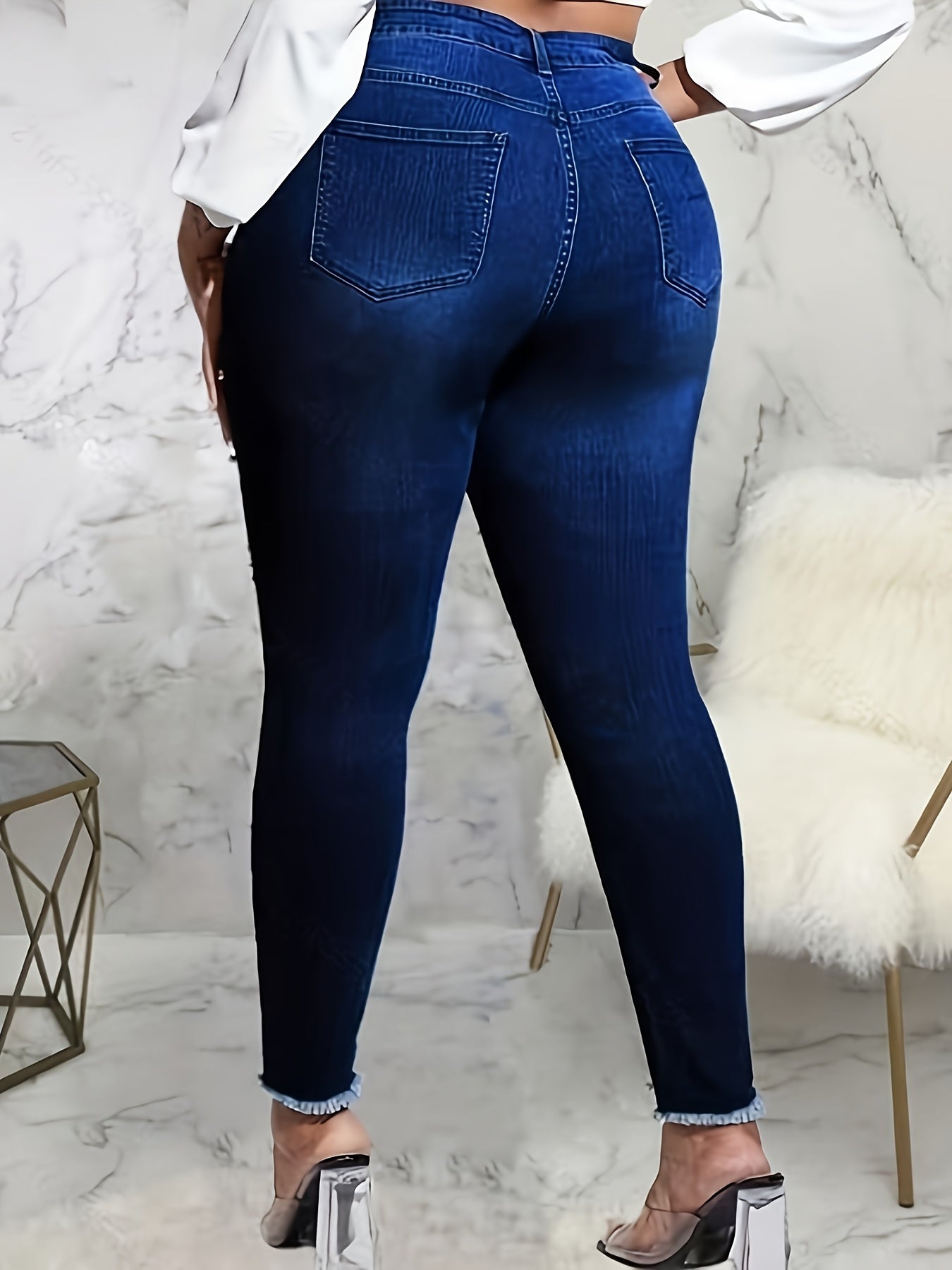 Women's 2707# Blue Stretch Fashion Skinny Bootcut Beaded Hem All-Season Jeans
