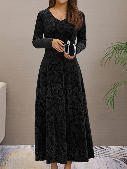 Autumn Women's Velvet Embossed Long Sleeve Dress, Bodycon V-Neck Midi Flared Elegant Evening Party Wedding Guest Gown