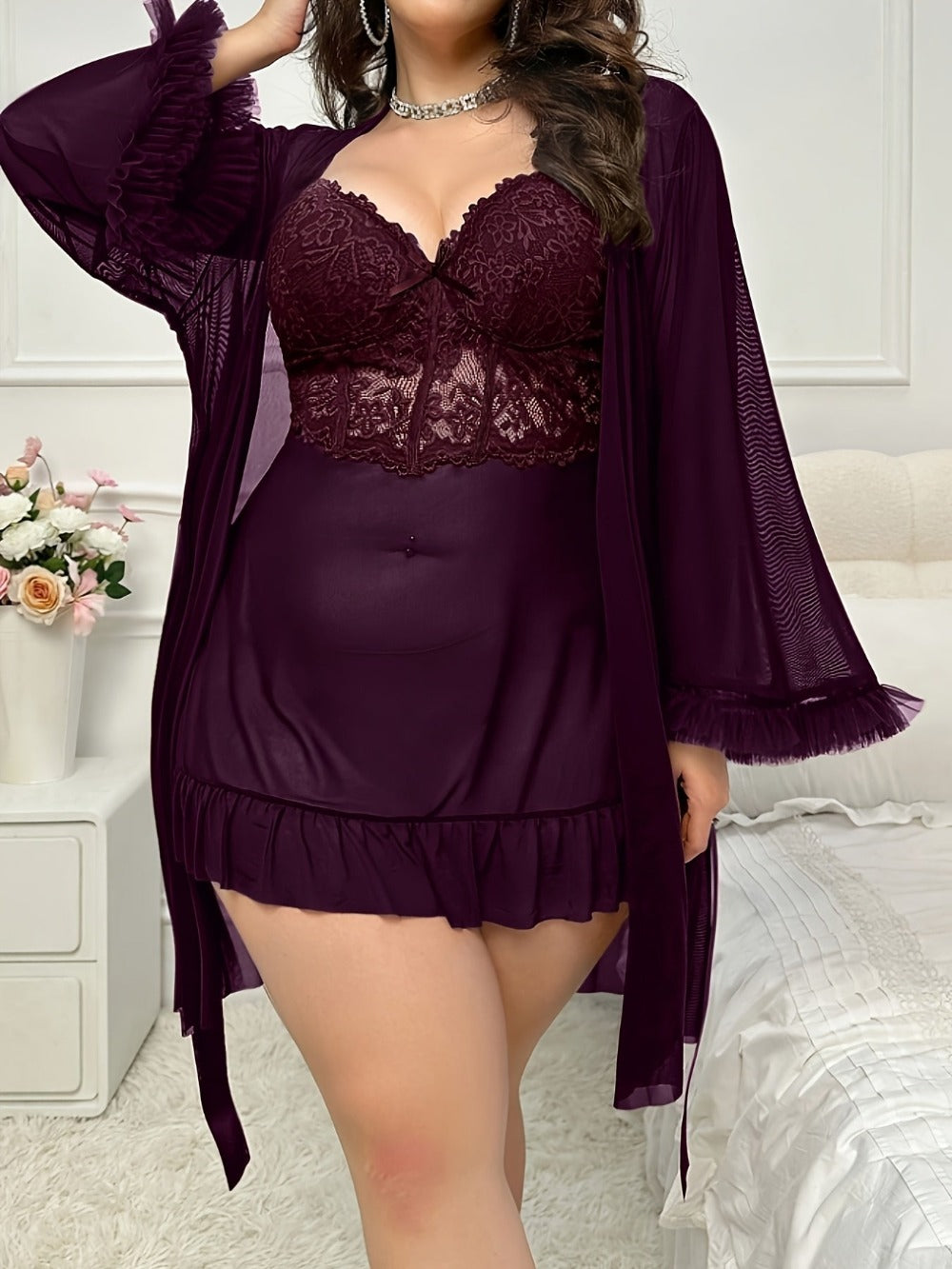 Women's Lace Pajama Set - 2-Piece Lace Plus Size Comfort