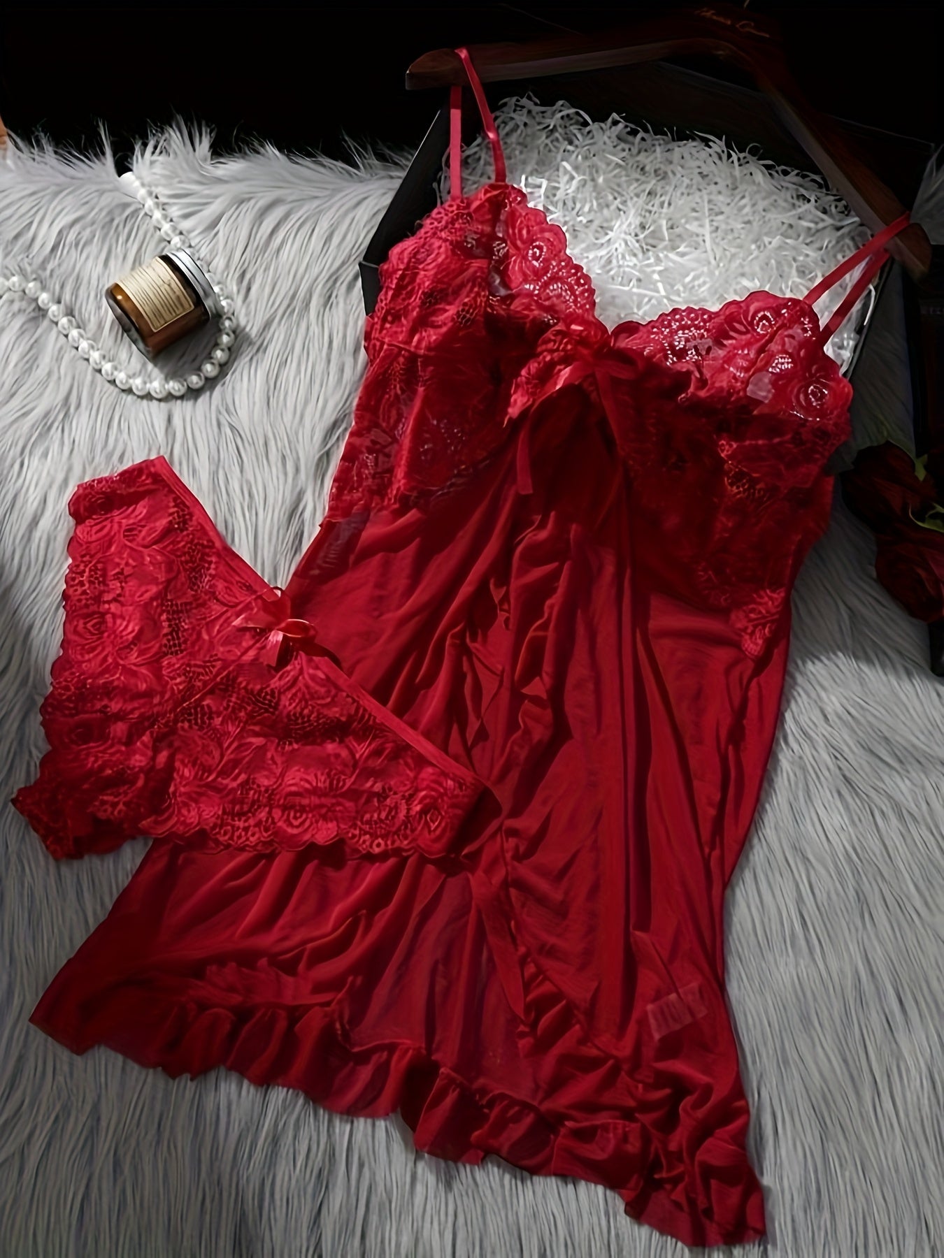3Sets/6pcs Sexy Lingerie Set for Women Sheer Mesh & Lace Nightgown In Red/ Blue/ Black | Strappy, Adjustable, Intimate Sleepwear for Home, Hotel & Valentine's.