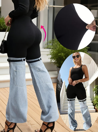 Women'S High Waist Two Tone Patchwork Flare Pants, Black Slim Fit Leggings with Light Wash Denim Bell Bottom Legs And Adjustable Buckle Strap Design for Y2K Streetwear, Perfect for Retro Streetwear Looks