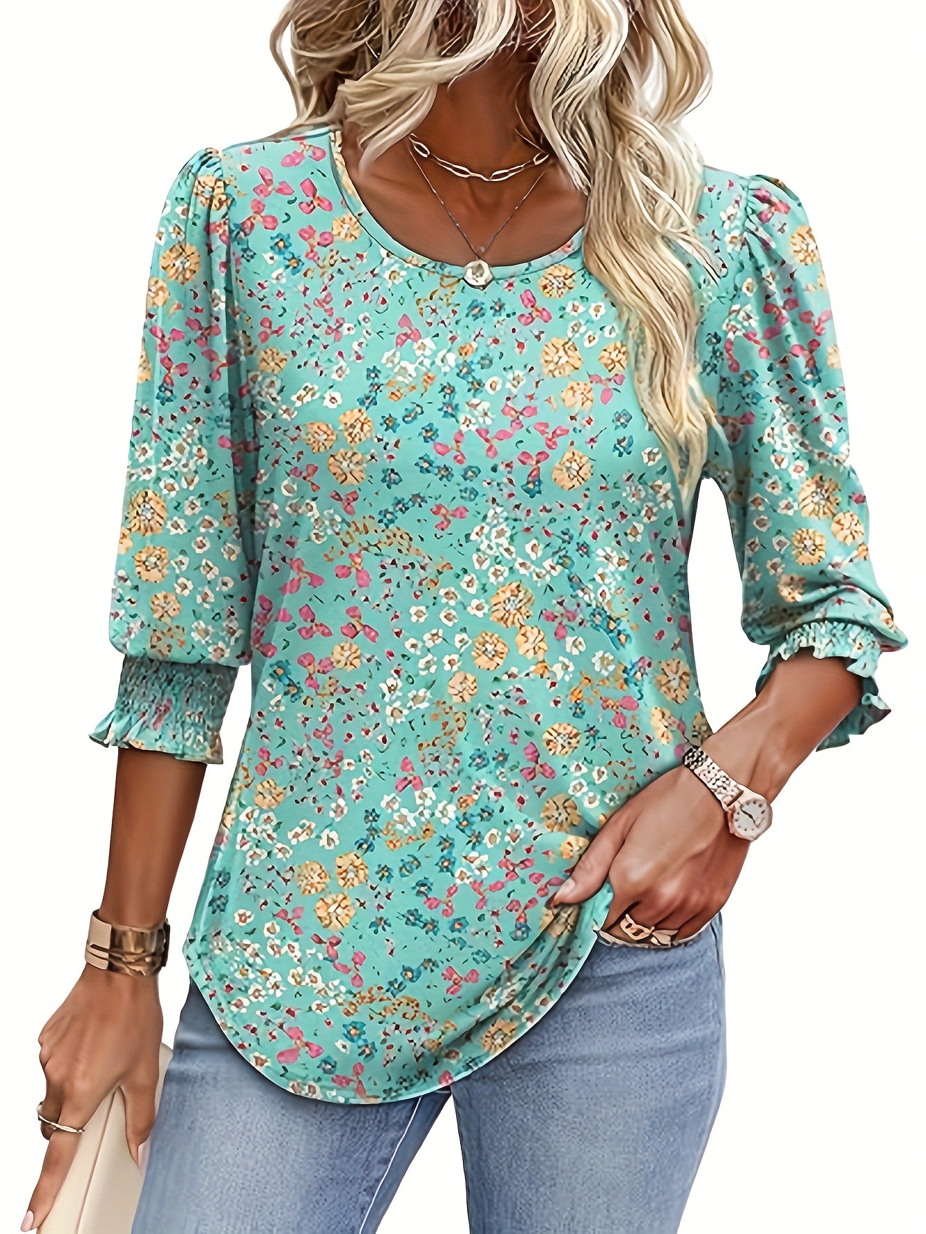 2025 Fashion for Women: Elegant Casual 3/4 Sleeve Top Coat with Pleated Cuffs And Round Neck from Europe And The United States
