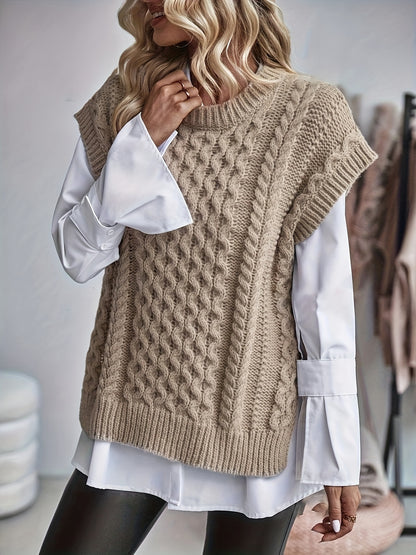 Women's Cable Sweater Vest - Sleeveless Round Neck Slit Hem Blouse, Solid Color Medium-Elastic Knitwear for Spring Summer Fall Layering, Casual & Semi-Formal Wear (Hand Washable)