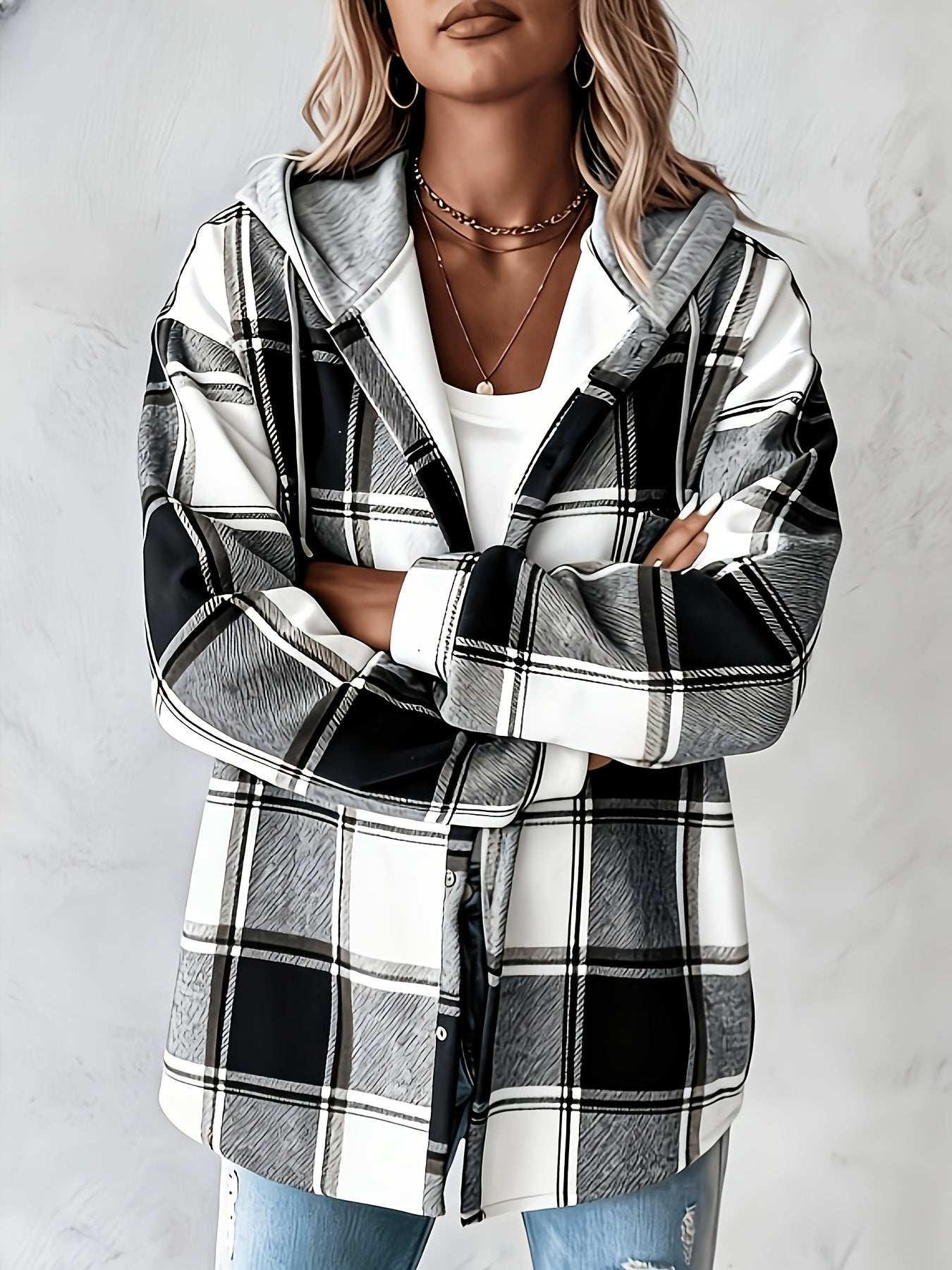 Summer Women'S Retro Checkered Hooded Jacket - Button Long Sleeve, Lightweight And Breathable Layered All Year Round Suitable for Casual And Daily Wear, Women'S Clothing Sportswear Women'S Top Suitable for Women'S Hot Wear